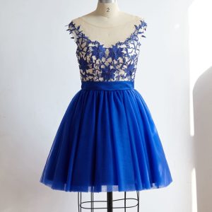 V Back Royal Blue Lace Tulle Short Knee Length Prom Party Dress