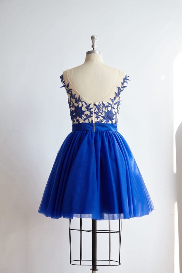 V Back Royal Blue Lace Tulle Short Knee Length Prom Party Dress - Image 2