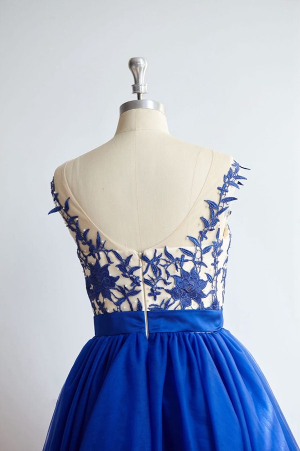 V Back Royal Blue Lace Tulle Short Knee Length Prom Party Dress - Image 5