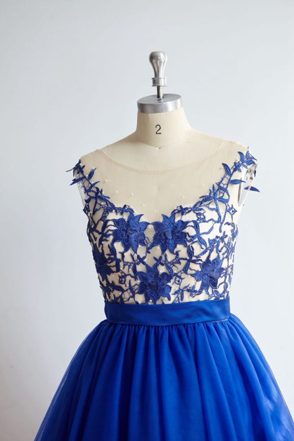 V Back Royal Blue Lace Tulle Short Knee Length Prom Party Dress - Image 4