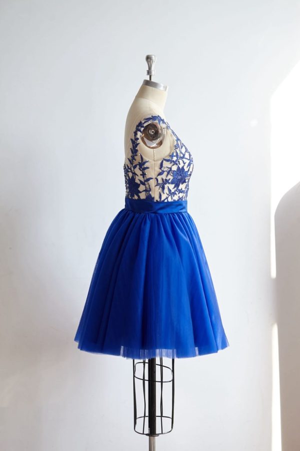 V Back Royal Blue Lace Tulle Short Knee Length Prom Party Dress - Image 3