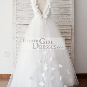 Princess Backless Lace Tulle Wedding Flower Girl Dress, Pearls/Flowers