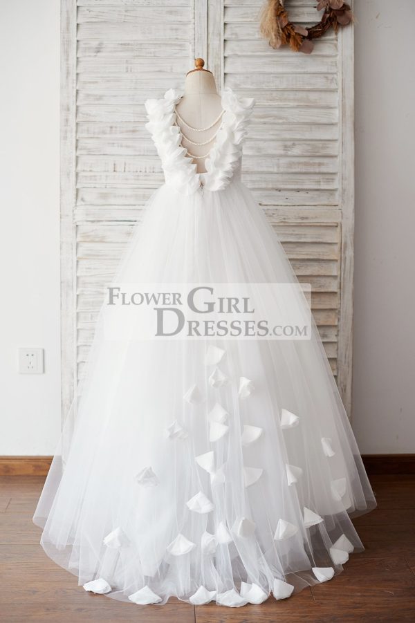 Princess Backless Lace Tulle Wedding Flower Girl Dress, Pearls/Flowers