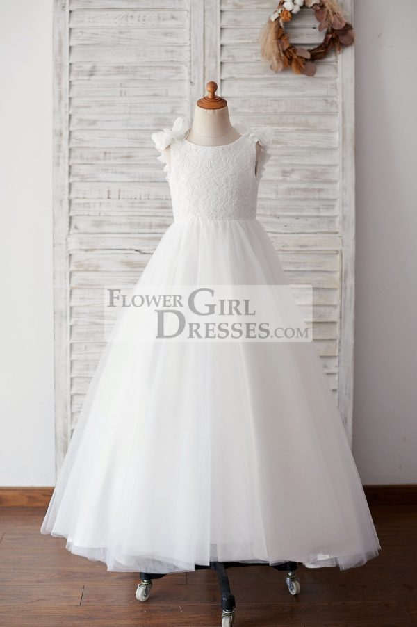 Princess Backless Lace Tulle Wedding Flower Girl Dress, Pearls/Flowers - Image 2