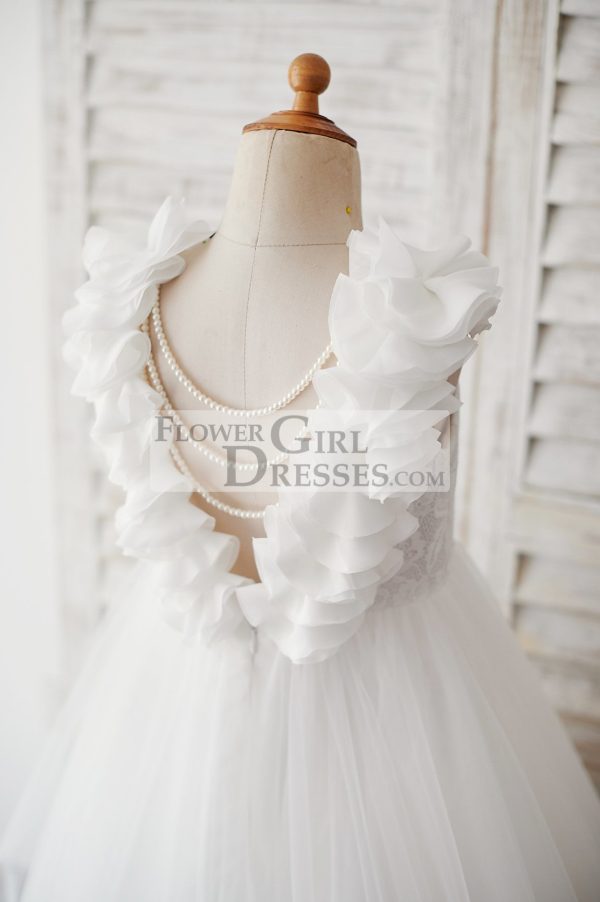 Princess Backless Lace Tulle Wedding Flower Girl Dress, Pearls/Flowers - Image 4