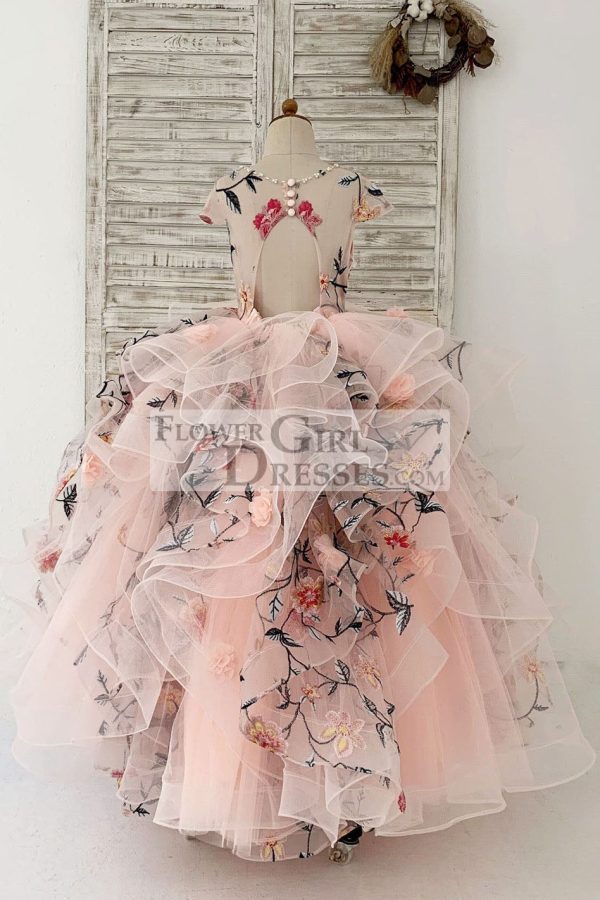 Embroidery Lace Tulle Cap Sleeves Keyhole Back Wedding Flower Girl Dress - Image 2