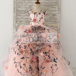 Embroidery Lace Tulle Cap Sleeves Keyhole Back Wedding Flower Girl Dress