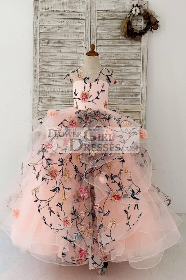 Embroidery Lace Tulle Cap Sleeves Keyhole Back Wedding Flower Girl Dress
