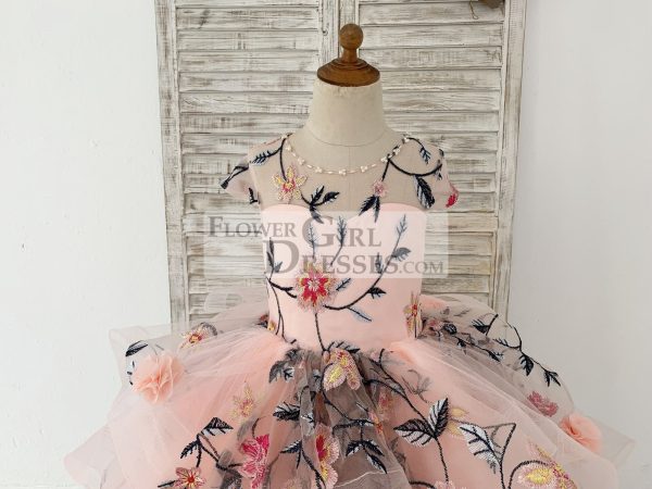 Embroidery Lace Tulle Cap Sleeves Keyhole Back Wedding Flower Girl Dress - Image 3