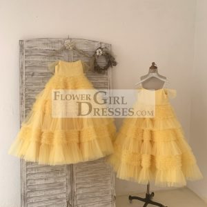 Ball Gown Off Shoulder Yellow Ruffle Tulle Wedding Flower Girl Dress