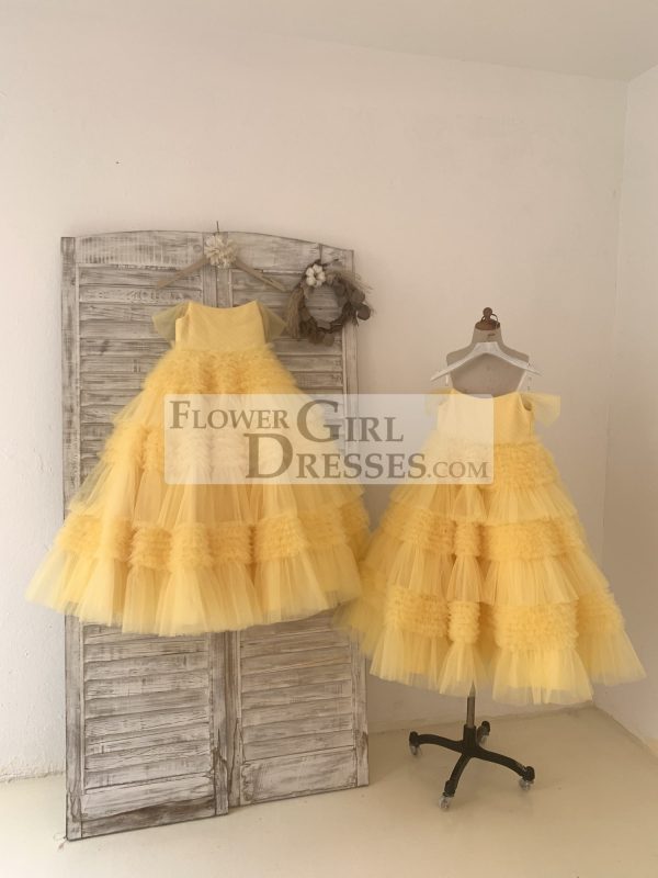 Ball Gown Off Shoulder Yellow Ruffle Tulle Wedding Flower Girl Dress