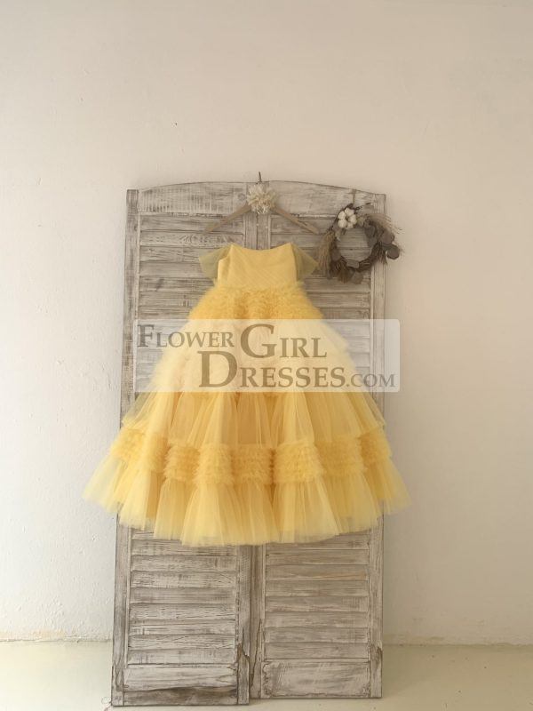 Ball Gown Off Shoulder Yellow Ruffle Tulle Wedding Flower Girl Dress - Image 4