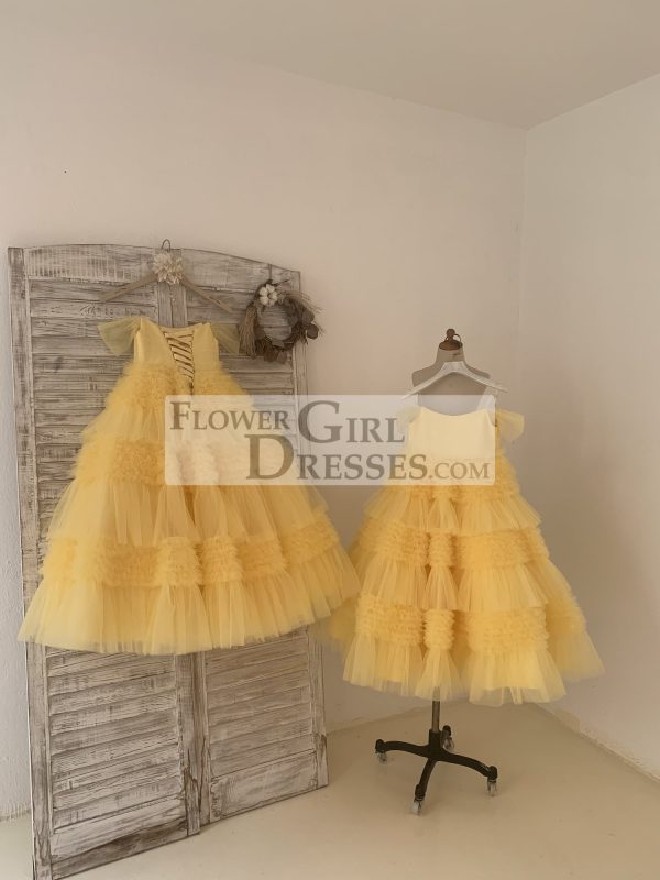 Ball Gown Off Shoulder Yellow Ruffle Tulle Wedding Flower Girl Dress - Image 6
