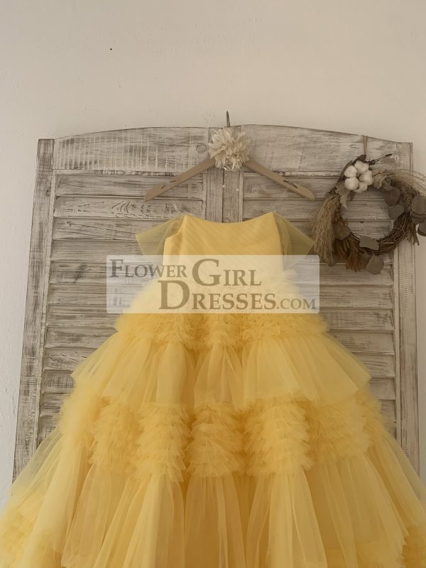 Ball Gown Off Shoulder Yellow Ruffle Tulle Wedding Flower Girl Dress - Image 5