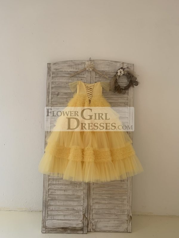 Ball Gown Off Shoulder Yellow Ruffle Tulle Wedding Flower Girl Dress - Image 2
