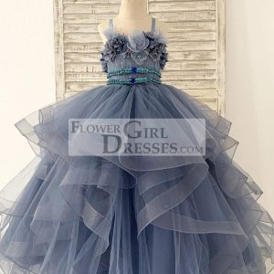 Beaded Dusty Blue Polka Dots Tulle Straps Wedding Flower Girl Dress Kids Party Dress