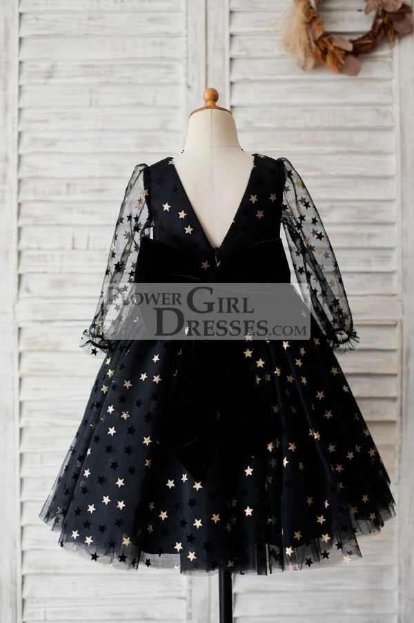Black Gold Star Tulle V Back Long Sleeves Wedding Flower Girl Dress - Image 2