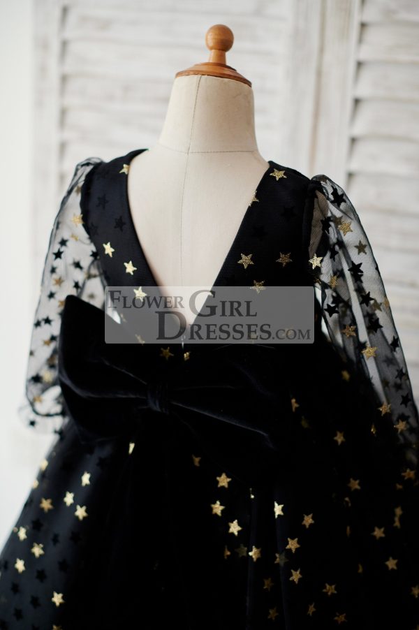 Black Gold Star Tulle V Back Long Sleeves Wedding Flower Girl Dress - Image 4