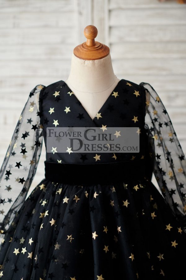Black Gold Star Tulle V Back Long Sleeves Wedding Flower Girl Dress - Image 3