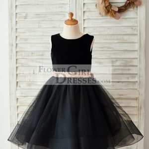 Black Velvet Tulle Keyhole Back Wedding Flower Girl Dress, Sequin Bow
