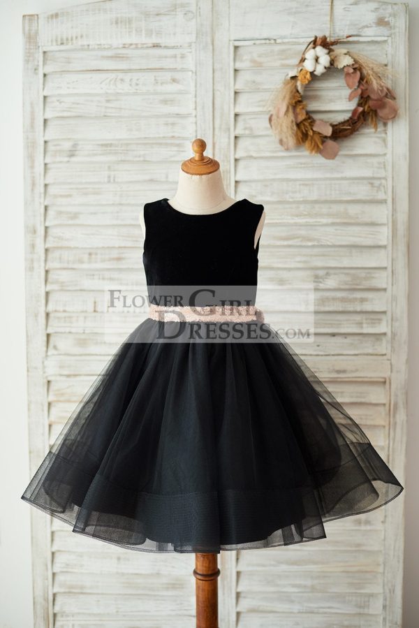 Black Velvet Tulle Keyhole Back Wedding Flower Girl Dress, Sequin Bow