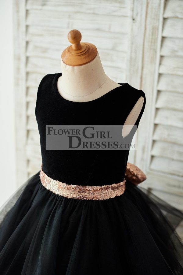 Black Velvet Tulle Keyhole Back Wedding Flower Girl Dress, Sequin Bow - Image 3