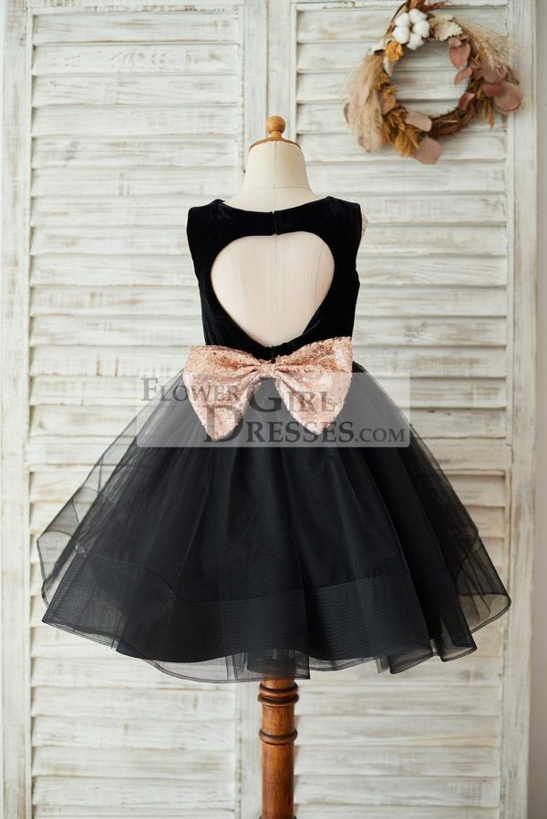 Black Velvet Tulle Keyhole Back Wedding Flower Girl Dress, Sequin Bow - Image 2