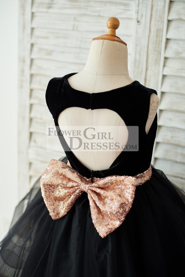 Black Velvet Tulle Keyhole Back Wedding Flower Girl Dress, Sequin Bow - Image 4
