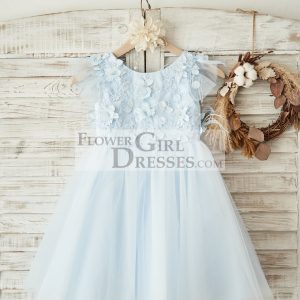 Blue Lace Tulle Cap Sleeves V Back Wedding Flower Girl Dress, Feathers