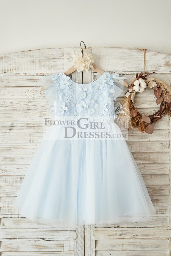 Blue Lace Tulle Cap Sleeves V Back Wedding Flower Girl Dress, Feathers