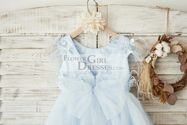 Blue Lace Tulle Cap Sleeves V Back Wedding Flower Girl Dress, Feathers - Image 4