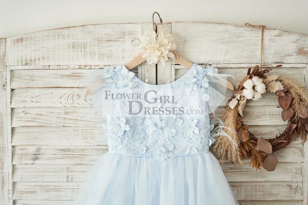 Blue Lace Tulle Cap Sleeves V Back Wedding Flower Girl Dress, Feathers - Image 3