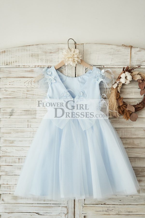 Blue Lace Tulle Cap Sleeves V Back Wedding Flower Girl Dress, Feathers - Image 2