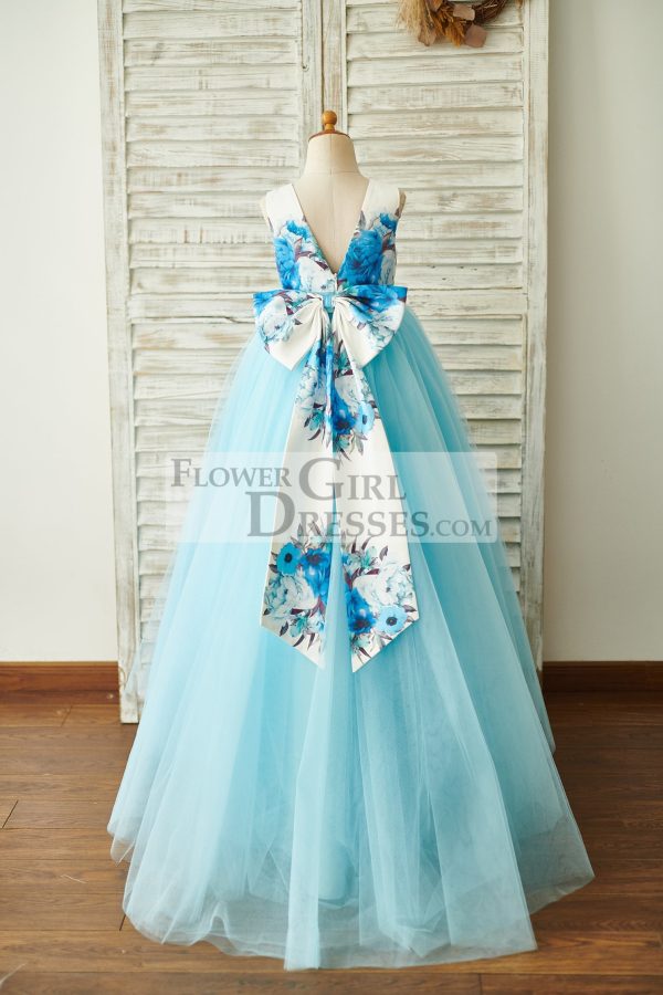 Blue Printed Floral Satin Tulle V Back Wedding Flower Girl Dress, Bow - Image 2
