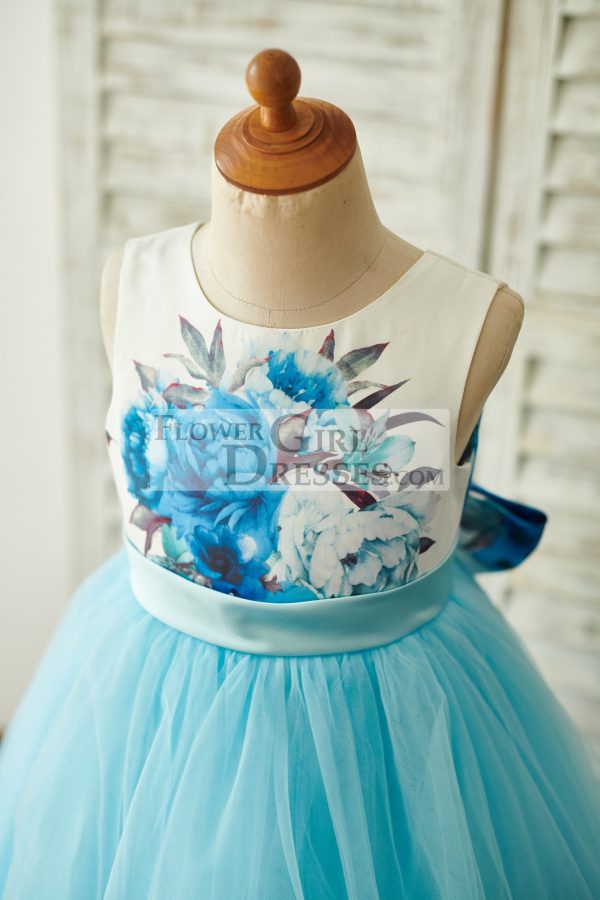 Blue Printed Floral Satin Tulle V Back Wedding Flower Girl Dress, Bow - Image 3