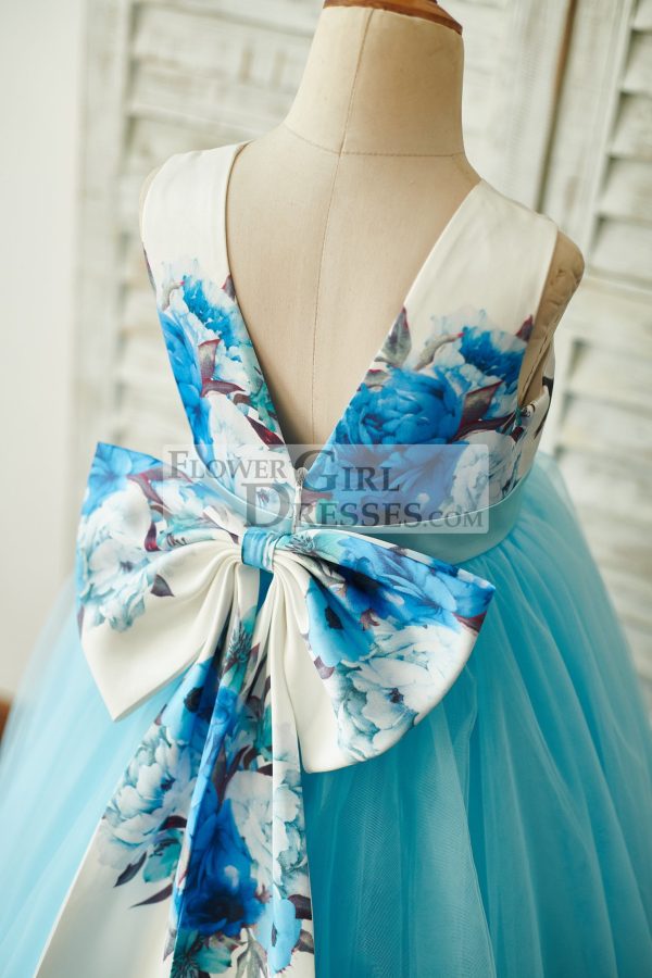 Blue Printed Floral Satin Tulle V Back Wedding Flower Girl Dress, Bow - Image 4