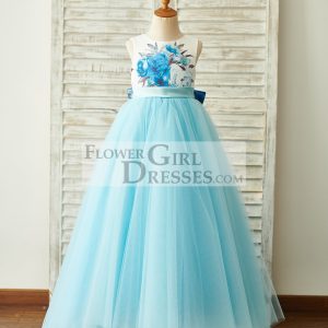 Blue Printed Floral Satin Tulle V Back Wedding Flower Girl Dress, Bow