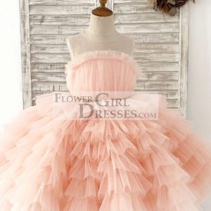 Princess Peach Cupcake Tulle Wedding Flower Girl Dress Kids Party Dress