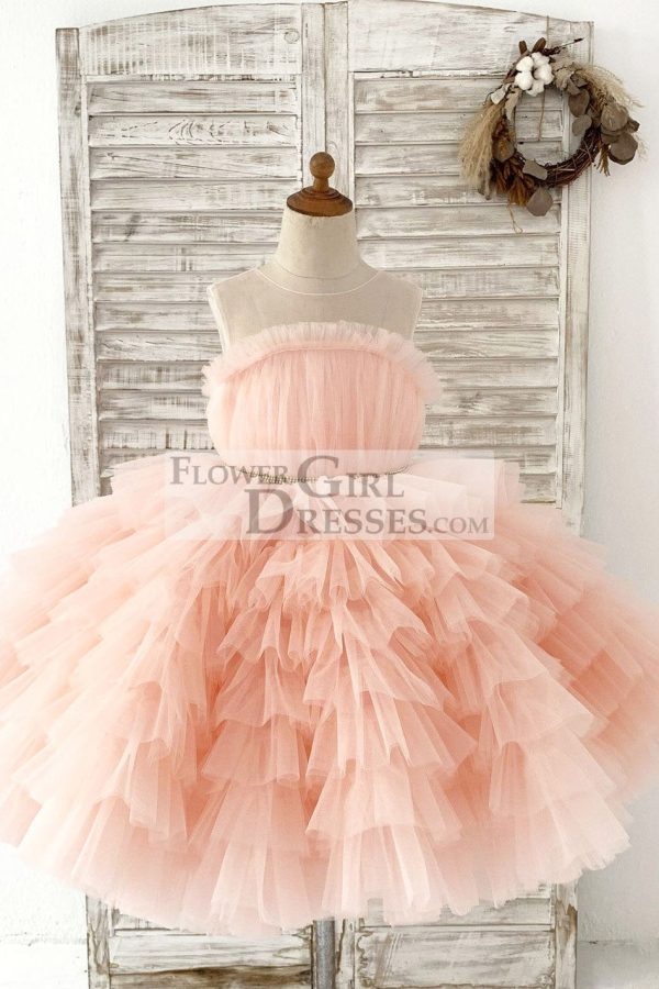 Princess Peach Cupcake Tulle Wedding Flower Girl Dress Kids Party Dress
