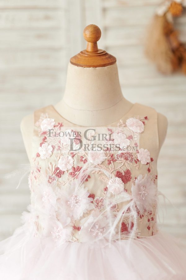 Cupcake Blush Pink Tulle Embroidery Lace V Back Wedding Flower Girl Dress - Image 3