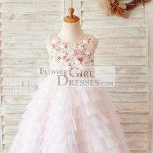 Cupcake Blush Pink Tulle Embroidery Lace V Back Wedding Flower Girl Dress