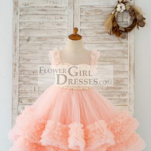 Blush Pink V Back Pearl Beaded Tulle Wedding Flower Girl Dress