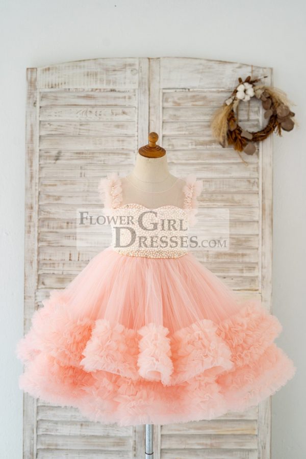 Blush Pink V Back Pearl Beaded Tulle Wedding Flower Girl Dress