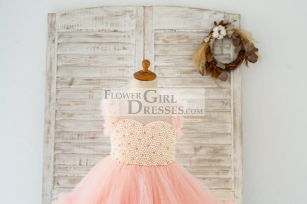 Blush Pink V Back Pearl Beaded Tulle Wedding Flower Girl Dress - Image 3