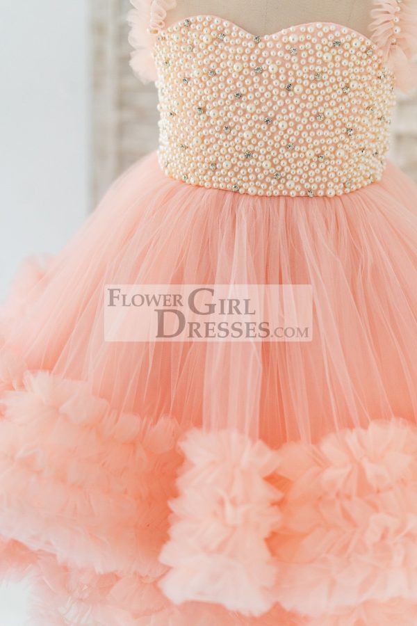 Blush Pink V Back Pearl Beaded Tulle Wedding Flower Girl Dress - Image 5