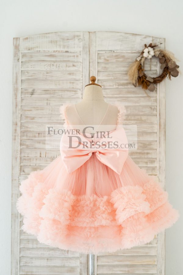 Blush Pink V Back Pearl Beaded Tulle Wedding Flower Girl Dress - Image 2