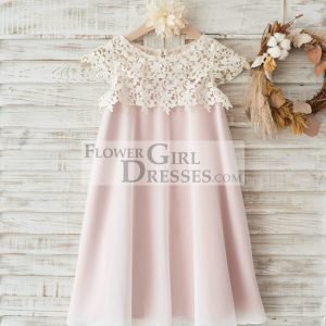 Boho Beach Lace Cap Sleeves Ivory Chiffon Wedding Flower Girl Dress