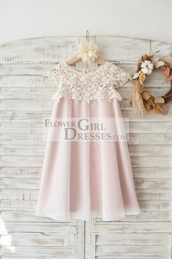 Boho Beach Lace Cap Sleeves Ivory Chiffon Wedding Flower Girl Dress
