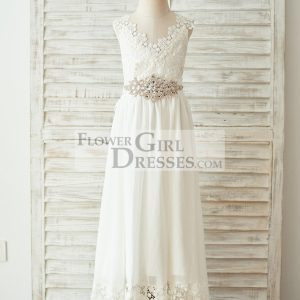 Boho Beach Ivory Lace Chiffon Backless Long Wedding Flower Girl Dress, Belt