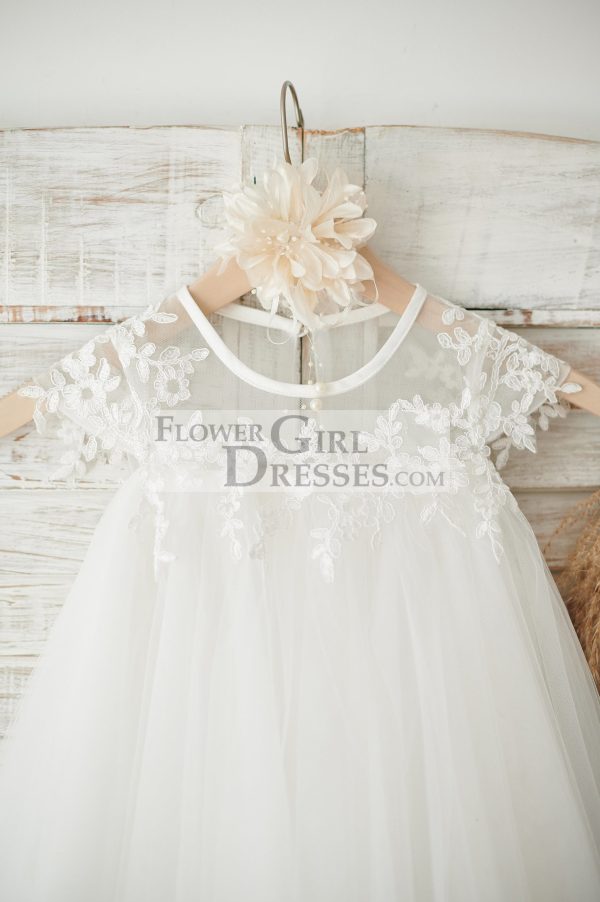 Boho Beach Sheer Neck Ivory Tulle Lace Wedding Flower Girl Dress - Image 3